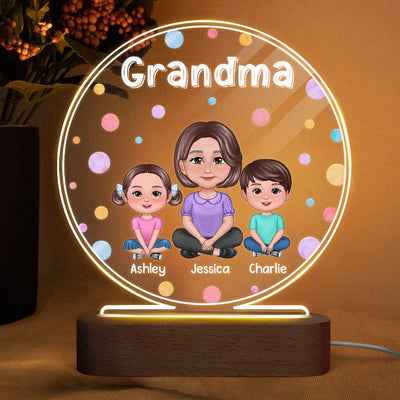 Pretty Doll Grandma Grandkids Colorful Dots Personalized Circle Acrylic LED Night Light
