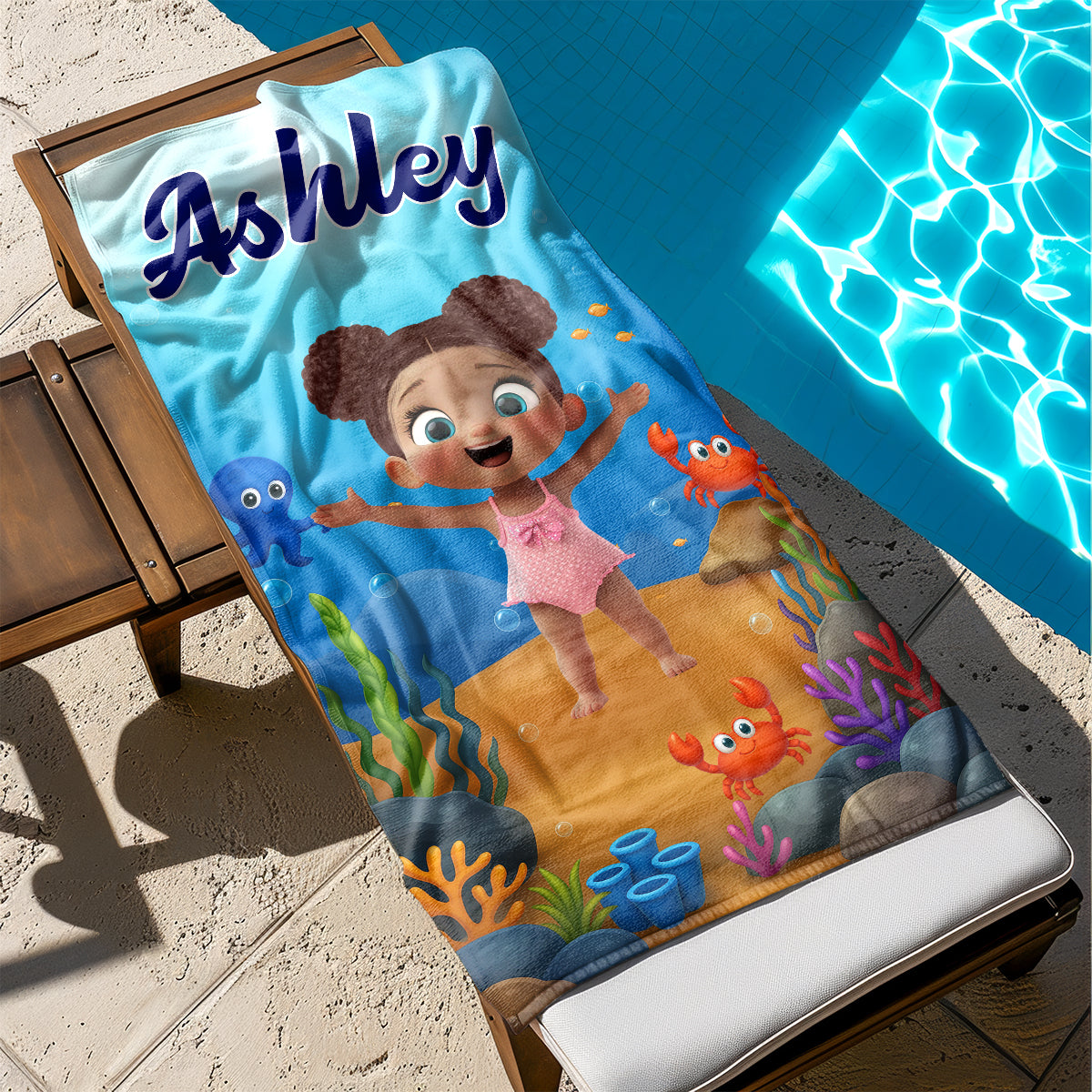 Personalized Cute Cartoon Kids Ocean Beach Towel, Fun Beach Designs, Gift For Girls Or Boys