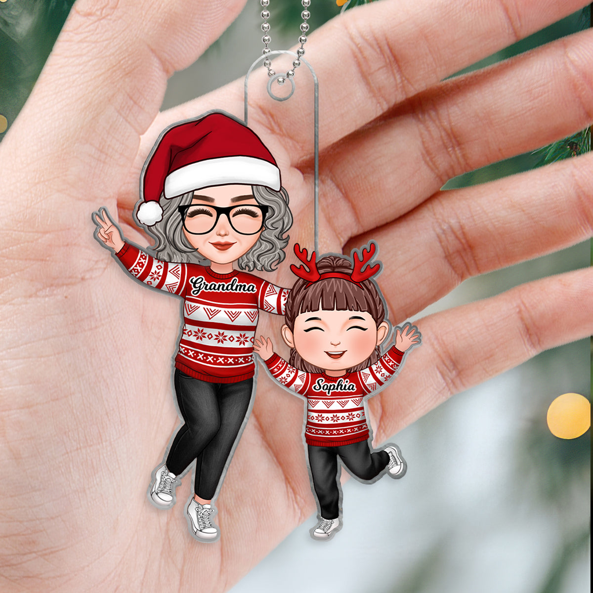 Cute Happy Grandma & Grandkid Christmas Gift For Granddaughter Grandson Personalized Acrylic Ornament