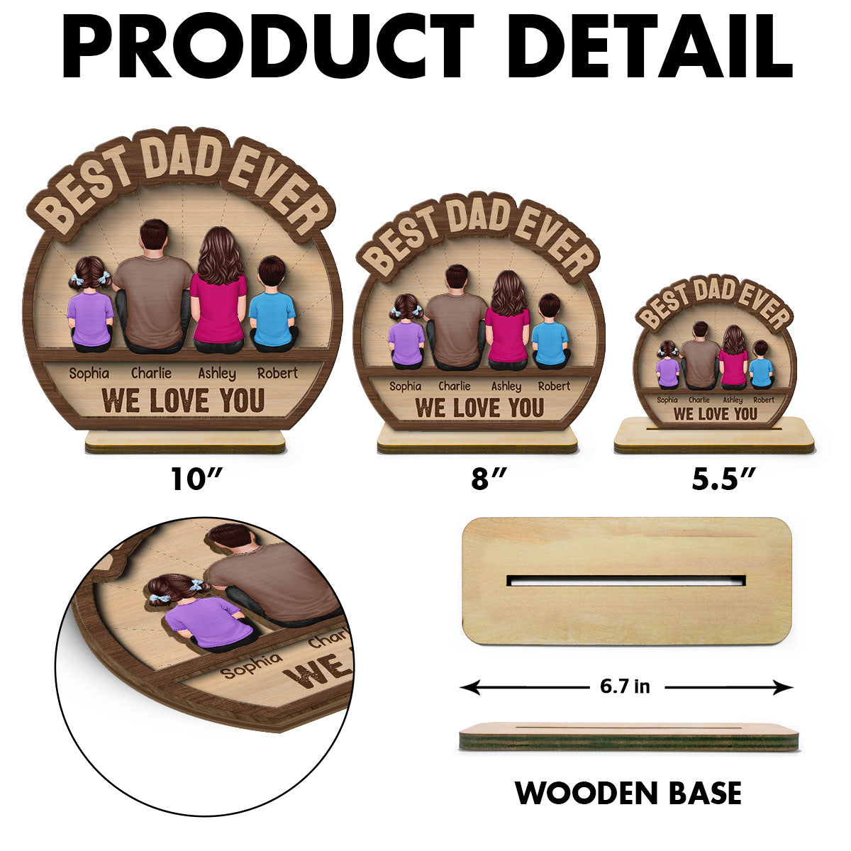 Best Dad Ever Man & Kids Back View Personalized 2-Layer Standing Wooden Plaque