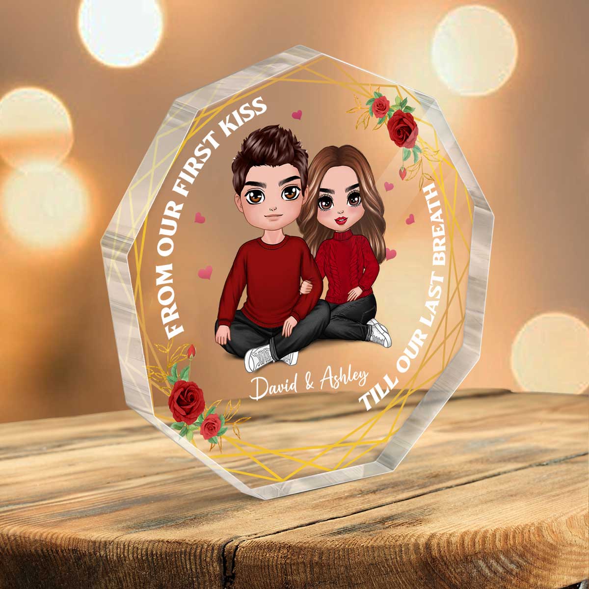 Embracing Doll Couple Flower Personalized Nonagon Acrylic Plaque - Gift For Him Gift For Her