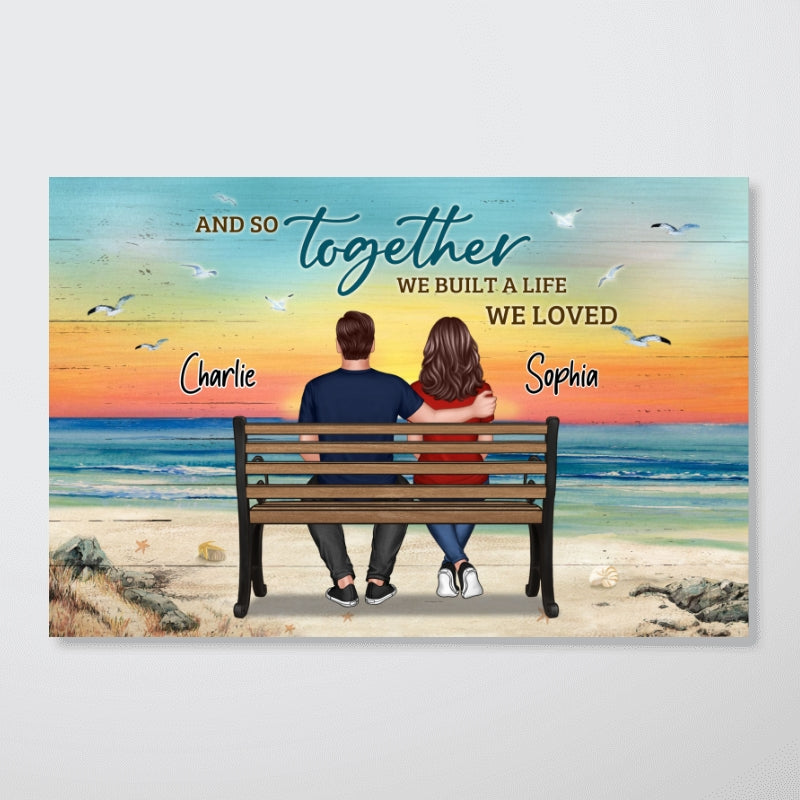 Beach Landscape Couple Sitting On Bench Personalized Horizontal Poster