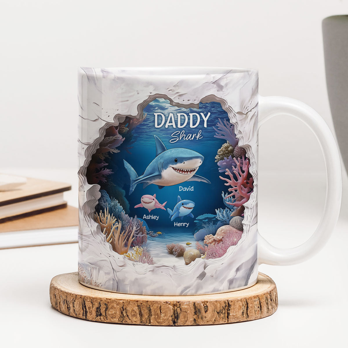 Daddy Shark Personalized 3D Effect Mug, Father's Day Gift for Dad