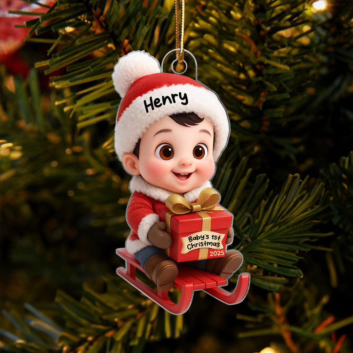 Baby Festive Cheer on a Sled Personalized Acrylic Christmas Ornament, 2025 Keepsake for Newborn