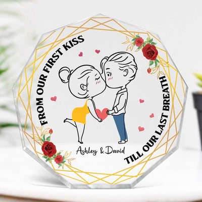 Chibi Couple Kissing Outline Personalized Nonagon Acrylic Plaque - Gift For Him Gift For Her