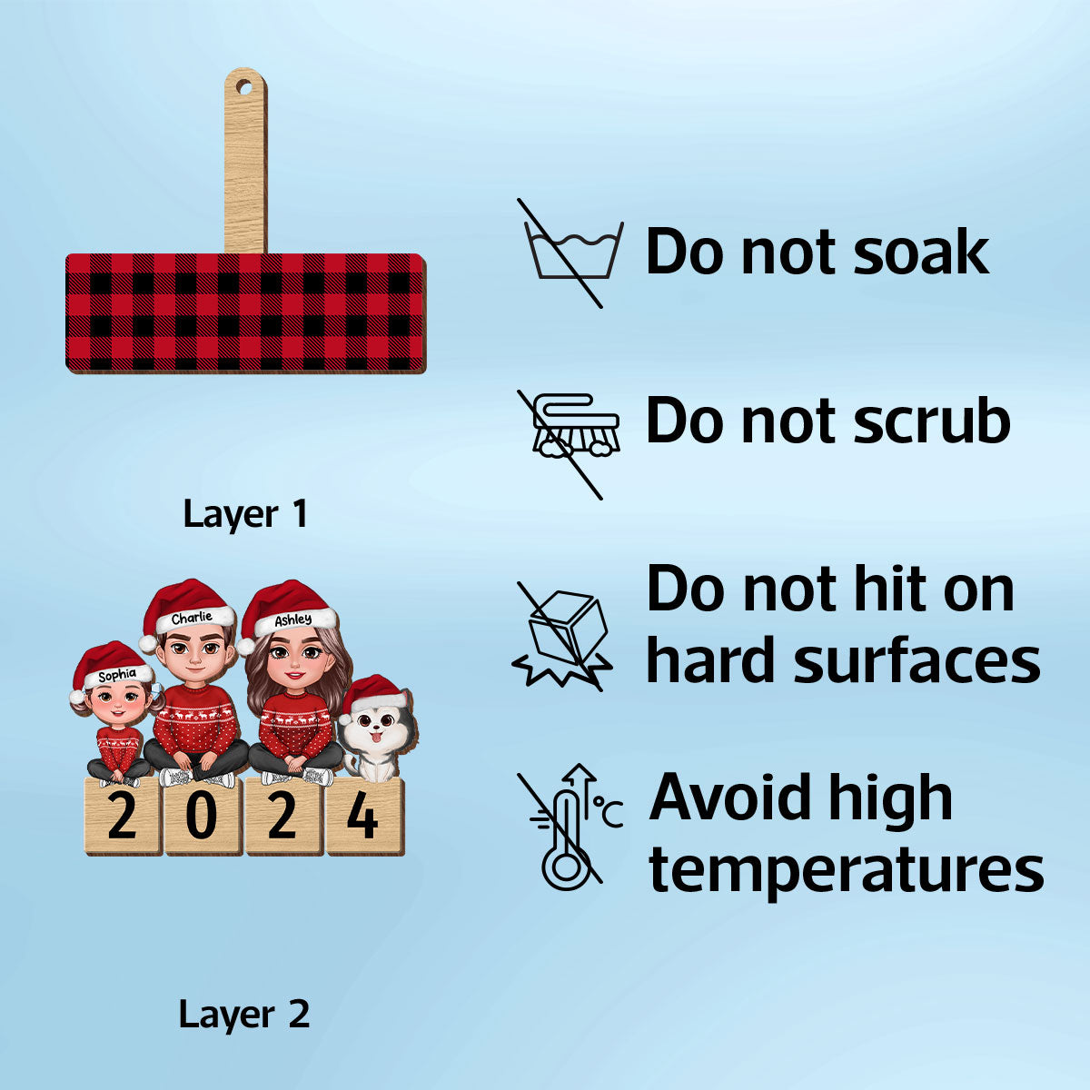 Checkered Pattern Family Sitting On 2024 Puzzle Personalized Wooden Ornament