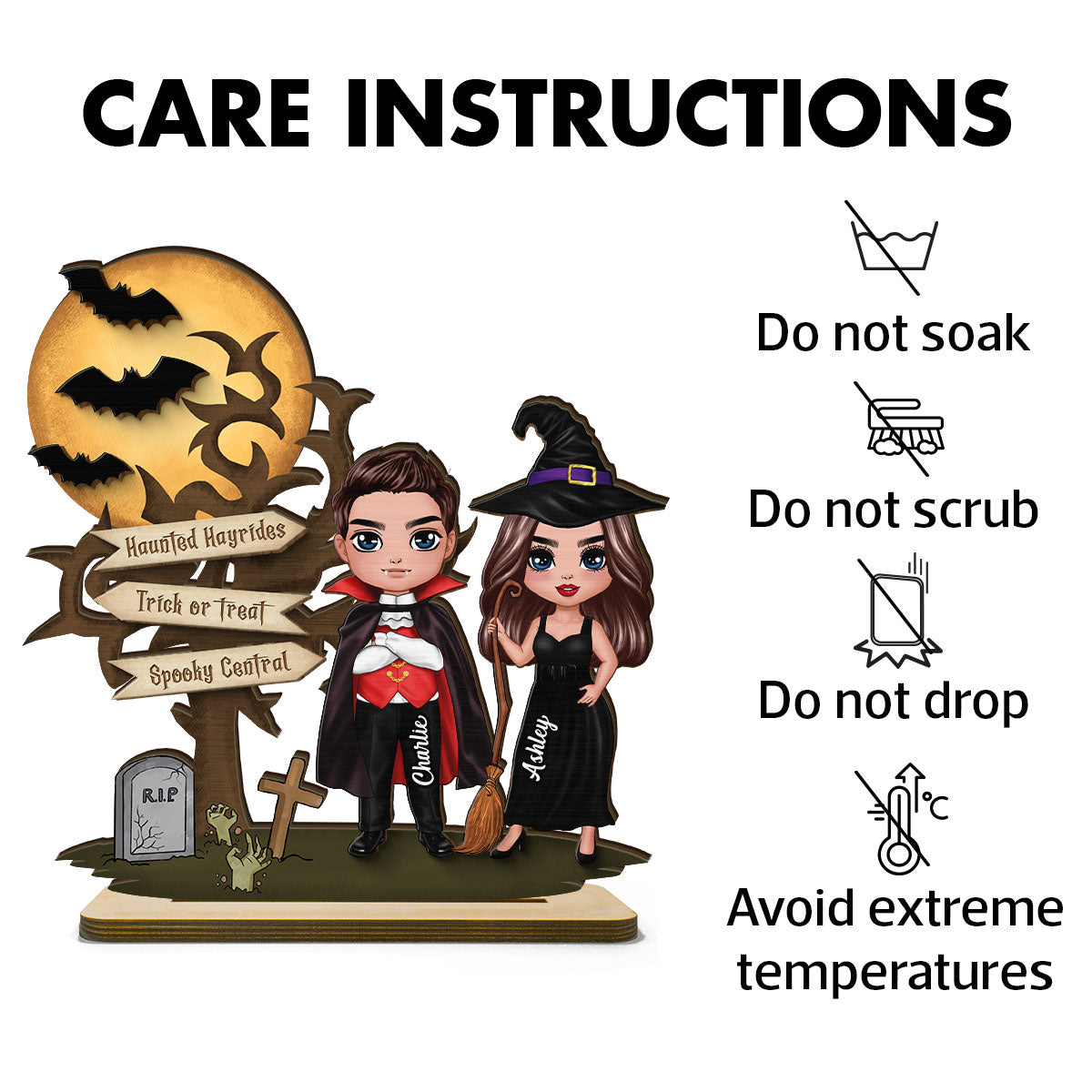 Couple With Moon Bat Tree Halloween Tabletop Tiered Tray Decor Personalized 2-Layer Standing Wooden Plaque
