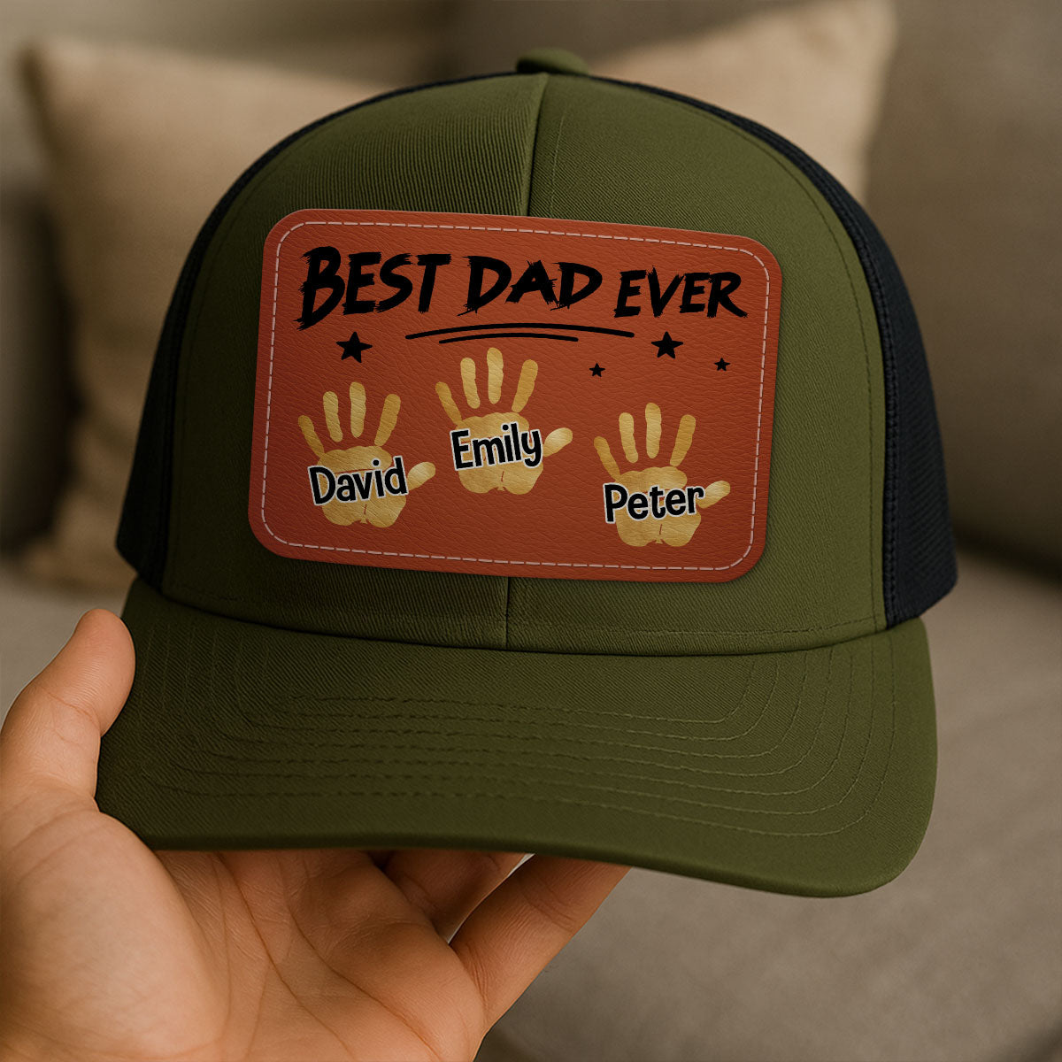 Best Dad Ever Handprints Personalized Leather Patch Hat