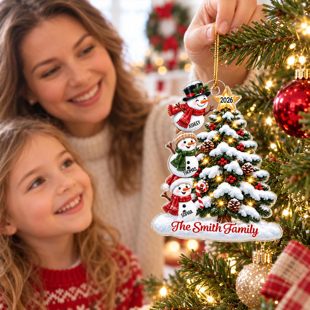 Snowman Family Grandkids Christmas Tree - Personalized Acrylic Ornament - Gift For Boys, Girls