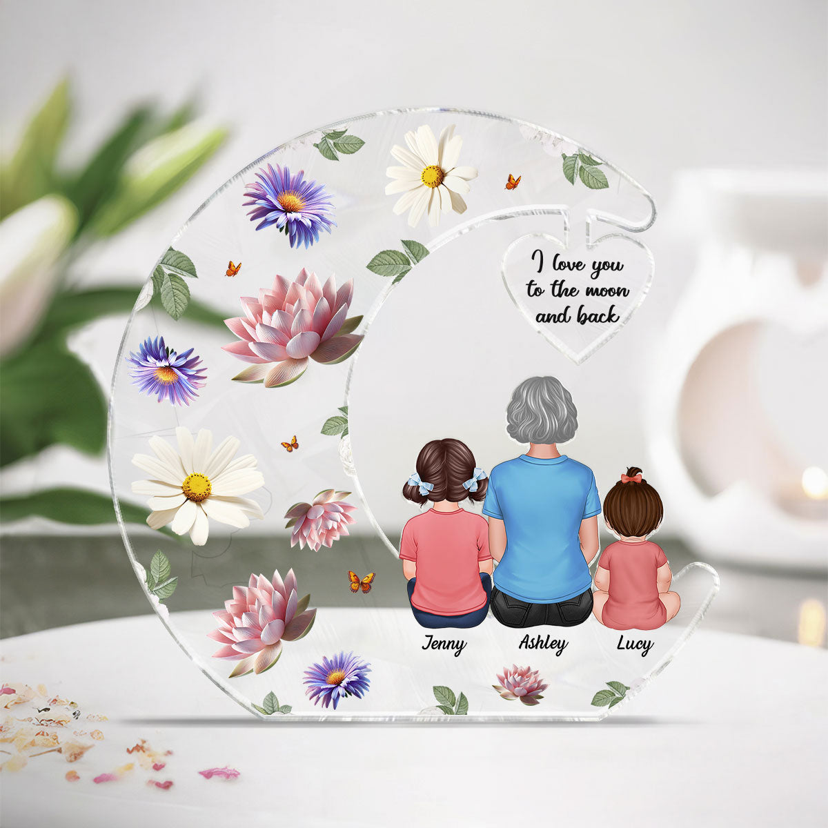 Grandma I Love You to the Moon and Back, Birth Month Flowers Personalized Acrylic Plaque