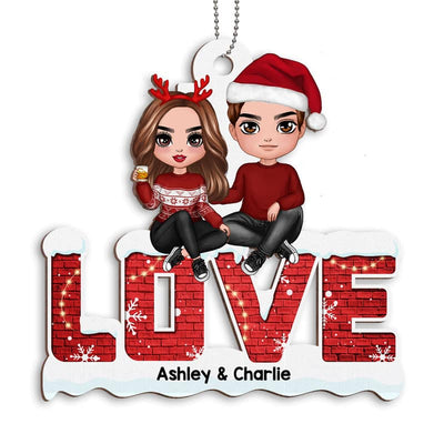 Doll Christmas Couple Sitting On LOVE Personalized Wooden Ornament