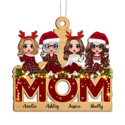 Doll Mom And Daughters Sitting On Word Personalized Wooden Ornament