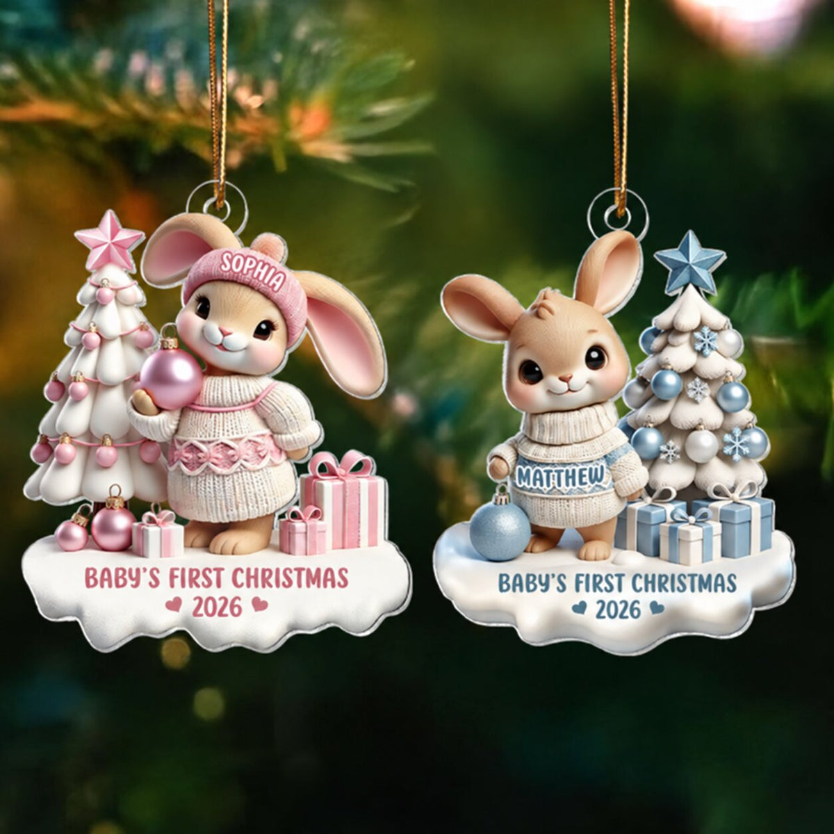 3D Effect Cute Bunny Baby's First Christmas Personalized Acrylic Ornament, Christmas Gift For Newborns, New Grandparents