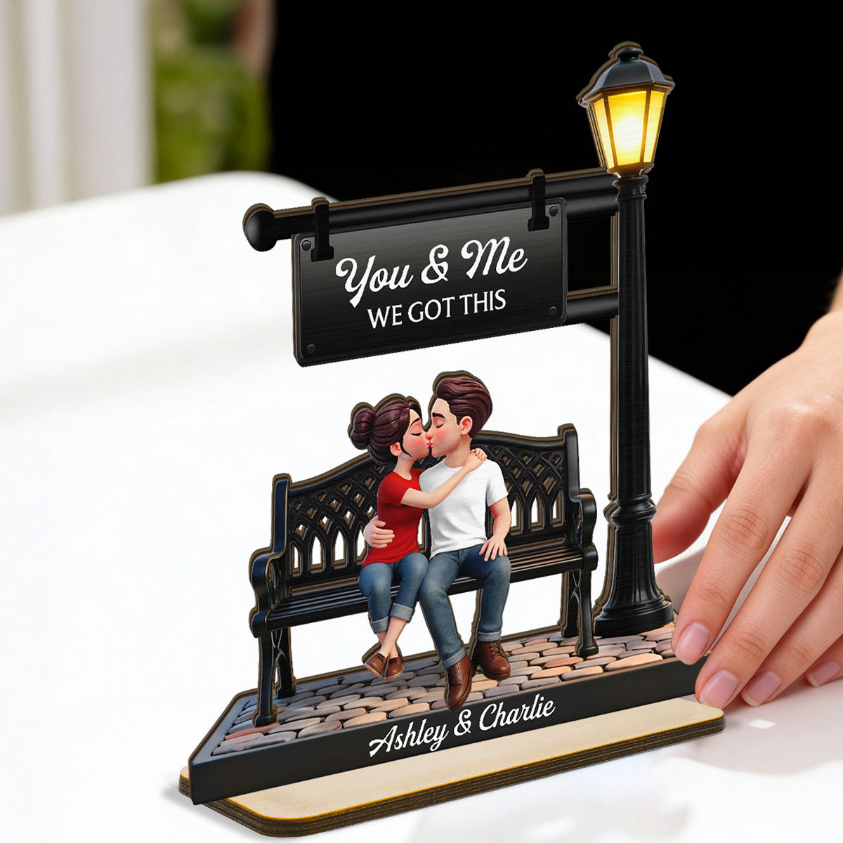 Everlasting Love Couple Sitting Kissing Under Lamp Post - Personalized 2-Layered Wooden Plaque - Heartfelt Gift For Couple