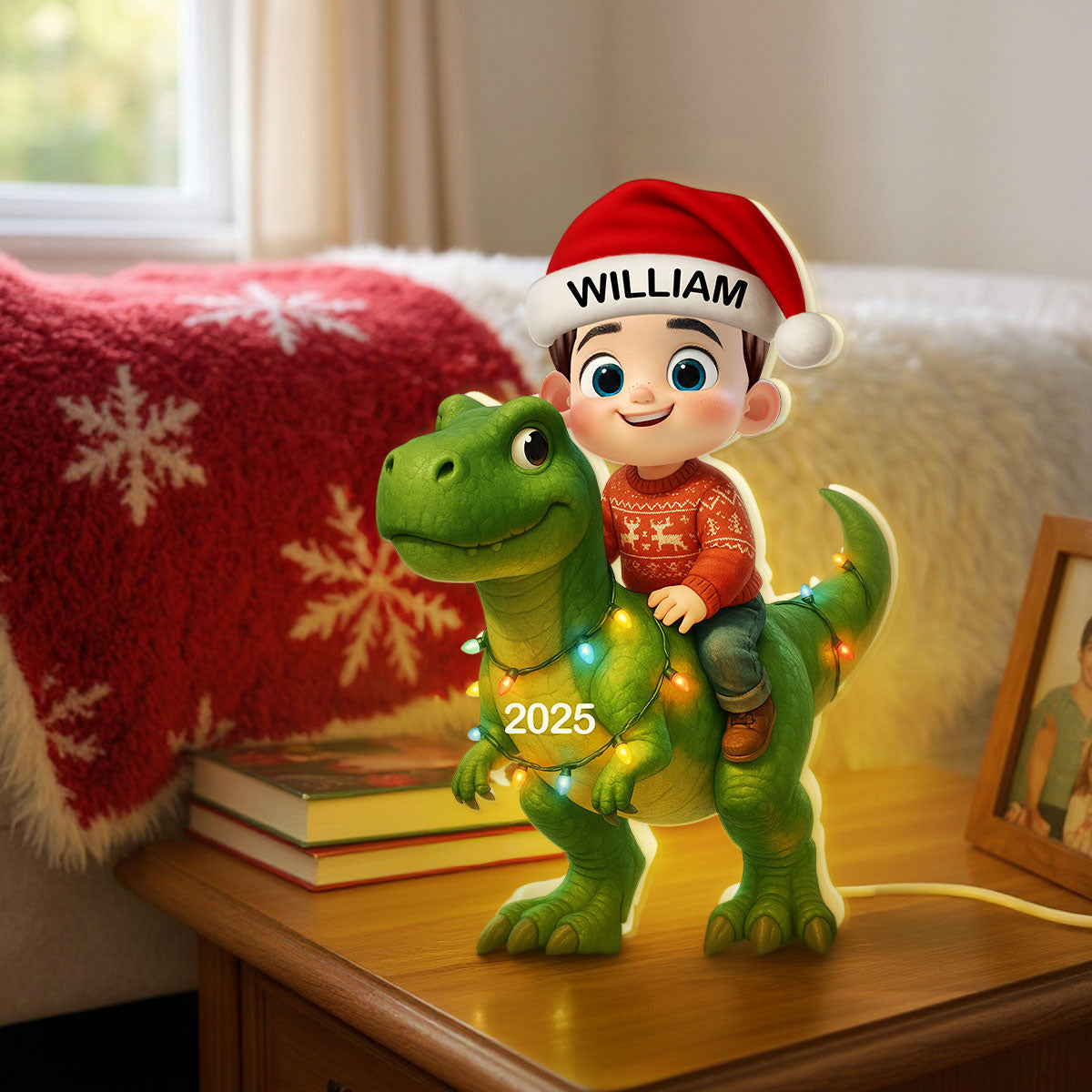 3D Effect Cute Cartoon Kid With Dinosaur Christmas Personalized LED Light Box