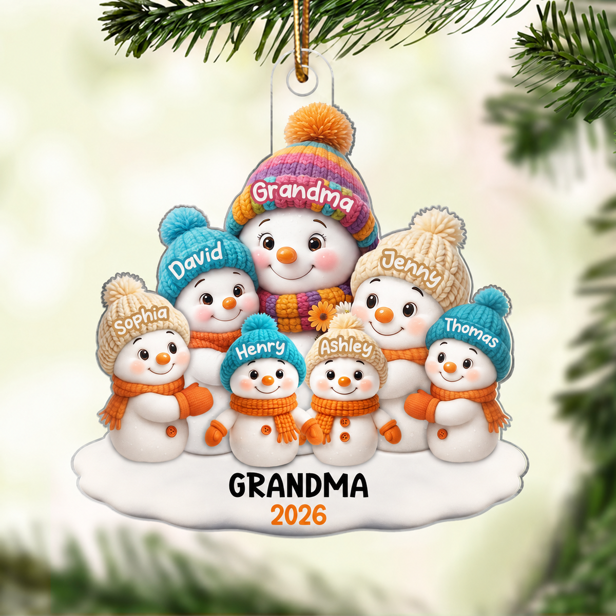 Snowman Grandma and Grandkids Personalized Acrylic Ornament, Christmas Gift for Grandma, Grandkids