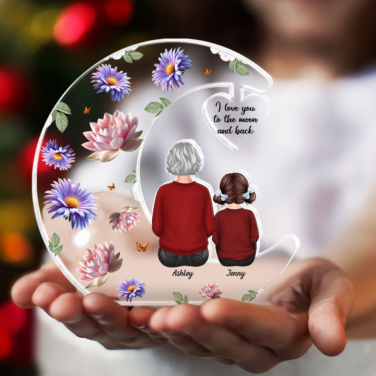 Grandma I Love You to the Moon and Back, Birth Month Flowers Personalized Acrylic Plaque