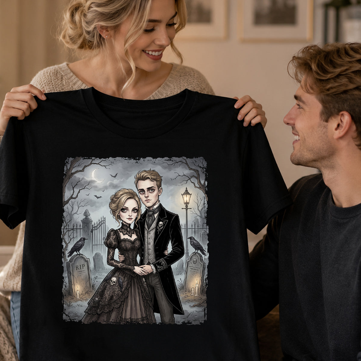 Custom Gothic Couple Portrait from Photo - Personalized Shirt - Couple Halloween Matching Shirts, Anniversary Gift for Her, for Him