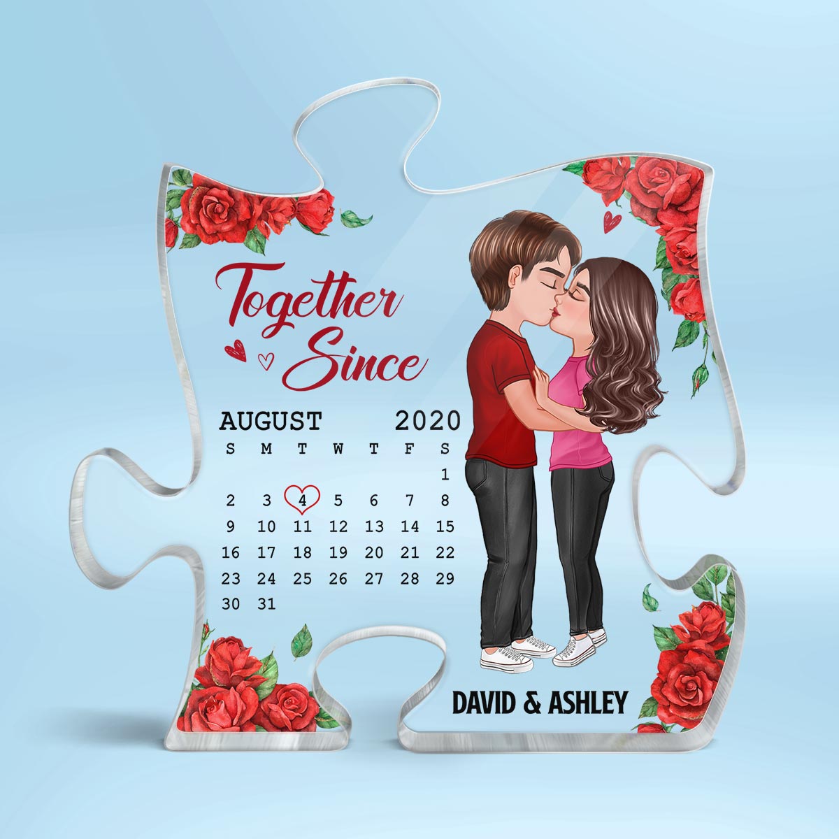 Rose Pattern You Are My Missing Piece Doll Couple Kissing Gift Calendar Anniversary Date Gift For Him For Her Personalized Puzzle Acrylic Plaque