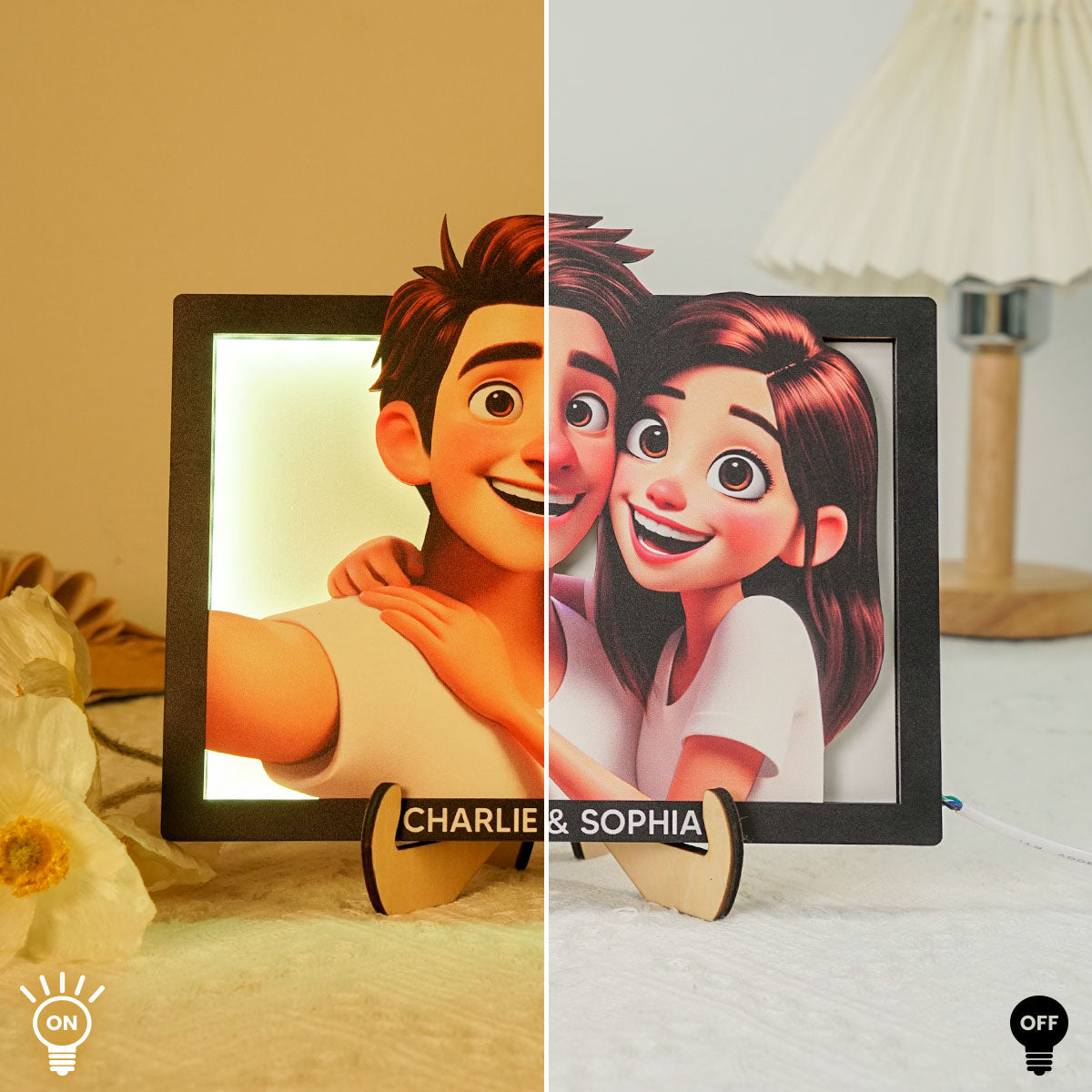 Embracing Hugging Couple Selfie Personalized 2-Layered Wooden Plaque With LED