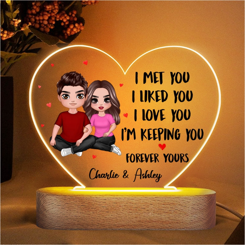 Embracing Doll Couple Sitting I Met You Gift For Him For Her Personalized Acrylic Heart Plaque LED Night Light
