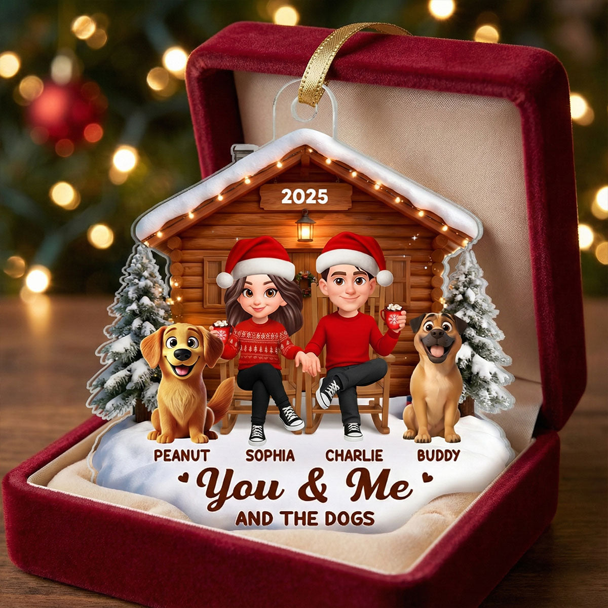 3D Effect Christmas Couple And Dog Cat Wooden Cabin - Personalized Acrylic Ornament - Heartfelt Gift For Couple