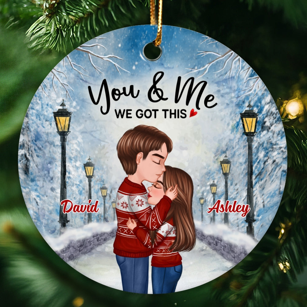 Doll Couple Kissing In Snow Lamppost Personalized Circle Ornament
