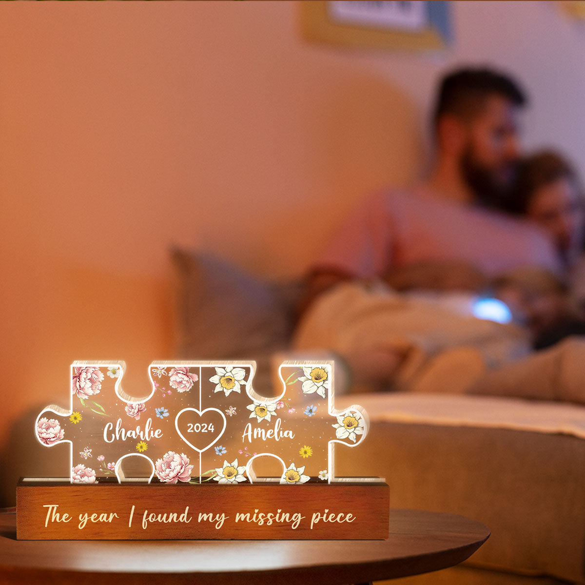 Couple Puzzle Birth Month Flower Theme Anniversary Gift Personalized Acrylic LED Night Light, Heartfelt 2025  Gift, Anniversary Gift For Her, For Girlfriend, For Wife