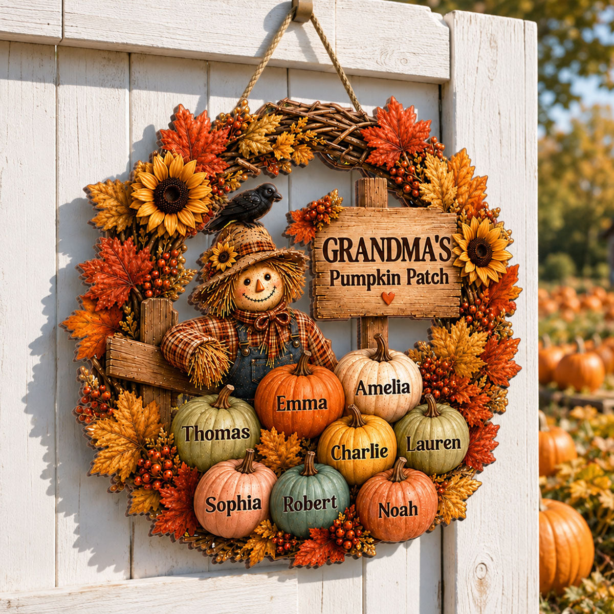 Grandma's Scarecrow Pumpkin Patch - Personalized Wooden Door Sign - Fall Decor for Grandma