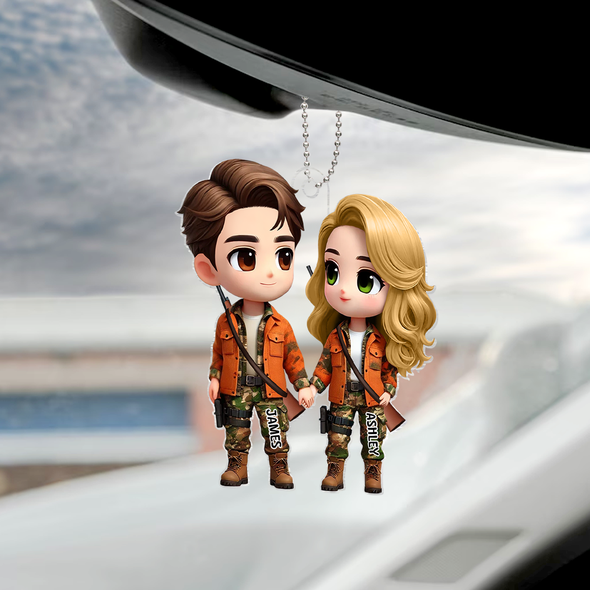 3D Effect Cute Cartoon Couple Hunting Personalized Acrylic Car Hanger, Anniversary &  Gift for him, Gift for her