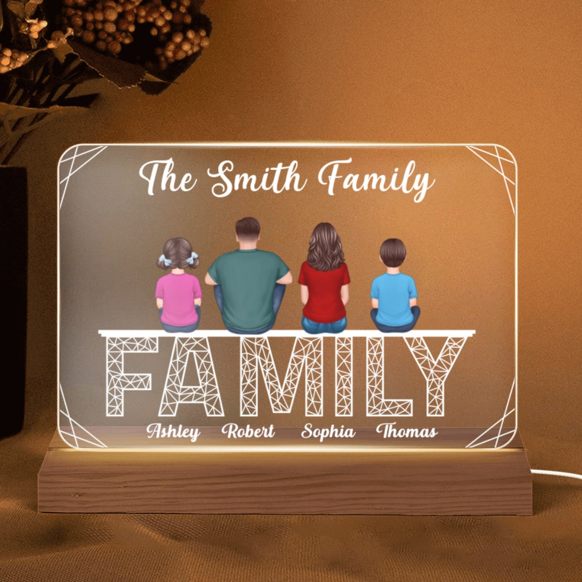 Family Sitting On Polygon Word Personalized Custom Shape LED