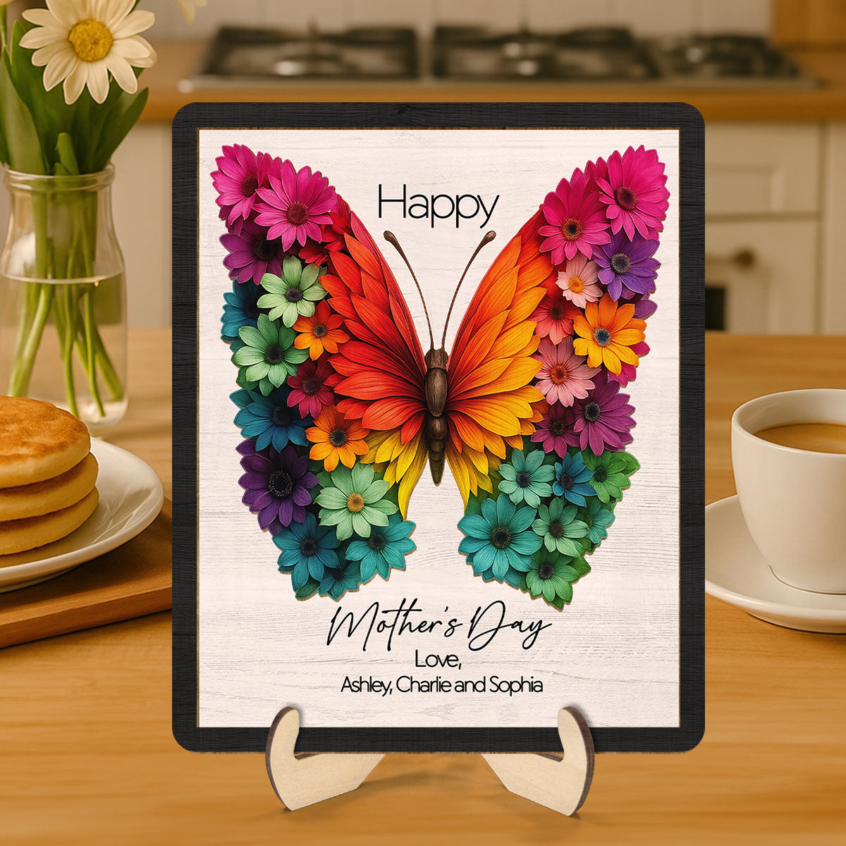 Mother's Day Butterfly Flowery Wings 2D Flat, Personalized 2-Layered Wooden Plaque, Gift for Mom, 3D Effect