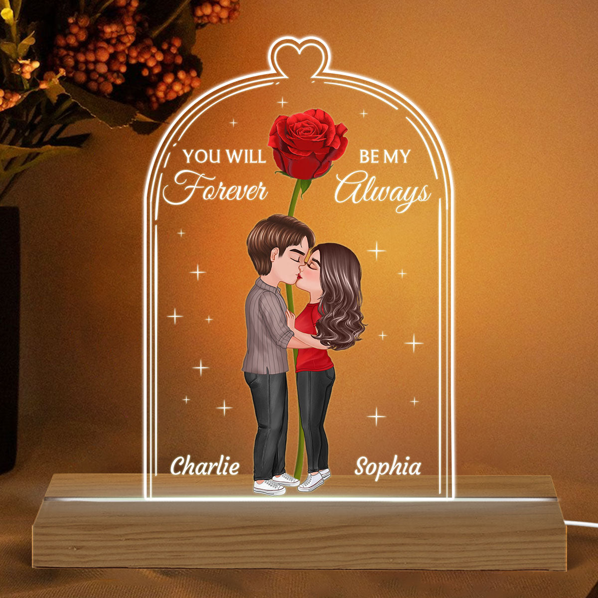 Doll Couple Kissing Rose Personalized Jar Shaped Acrylic Plaque With LED Night Light