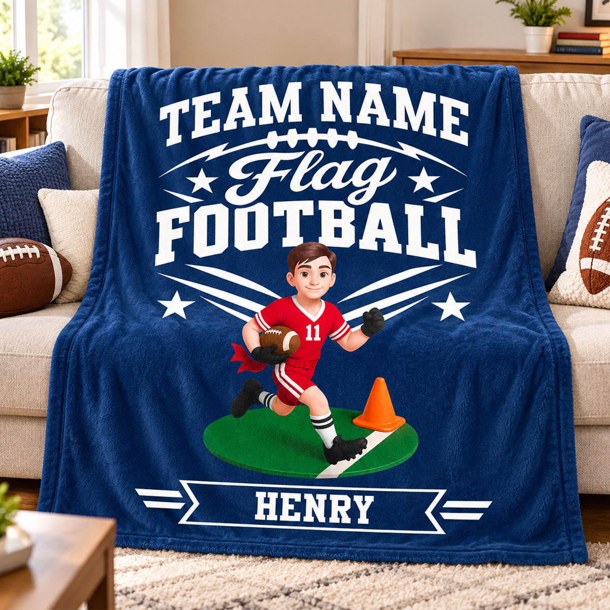 Flag Football Player Custom Name And Team Name - Personalized Fleece Blanket - Christmas Gift For Flag Football Players, Grandson, Son, Granddaughter, Daughter
