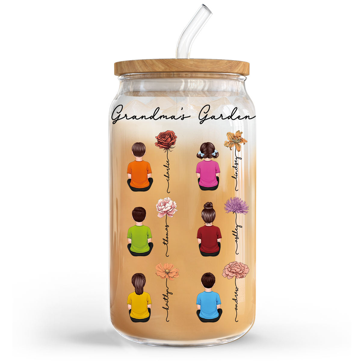 Grandkids Sitting Grandma Garden Vintage Birth Month Flowers Personalized Clear Glass Can