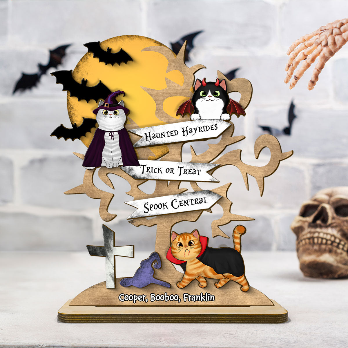 Halloween Cat Spooky Tree Personalized Wooden Standing Plaque, Halloween Decor For Cat Lovers