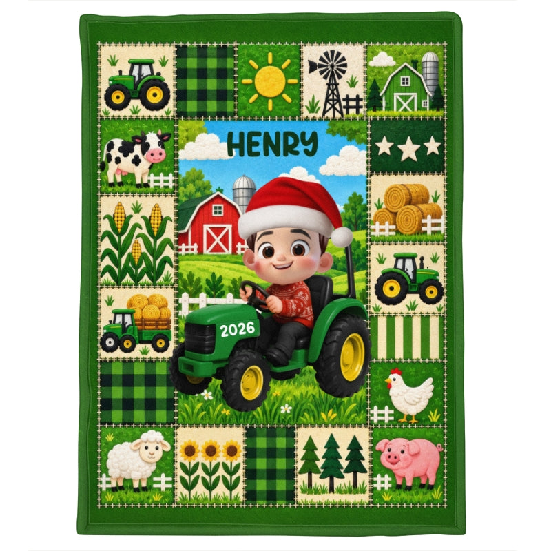 Little Boy Girl With Tractor Excavator Backhoe Christmas - Personalized Blanket - Gift For Grandkids, Kids