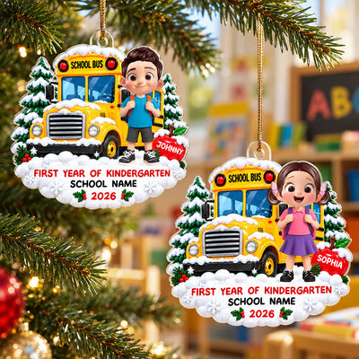First Year Of Kindergarten School Bus - Personalized Acrylic Ornament - Christmas Gift For Kindergarten Boy Girl, Grandkids