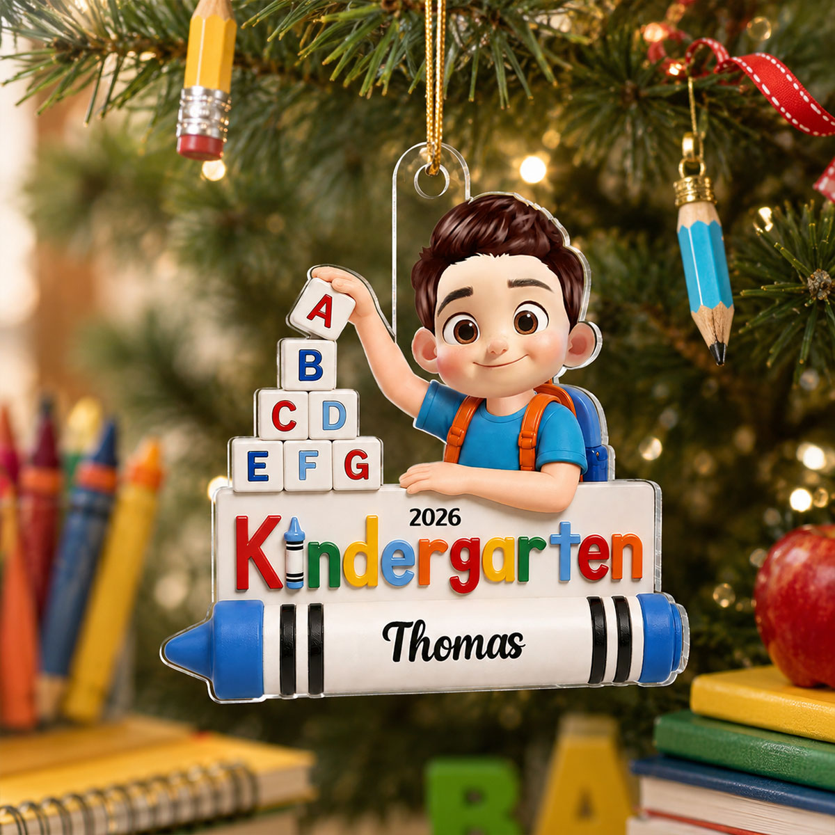 First Day of Kindergarten Boy Girl 2D Flat - Personalized Christmas Ornament - Back to School Keepsake for Kids