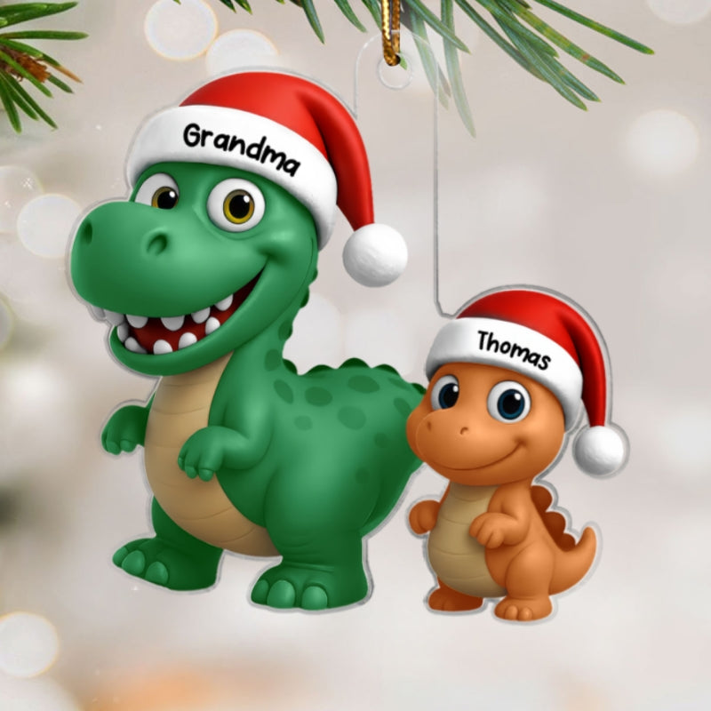 3D Effect Grandmasaurus Dinosaur Grandkid Walking Together - Personalized Acrylic Ornament