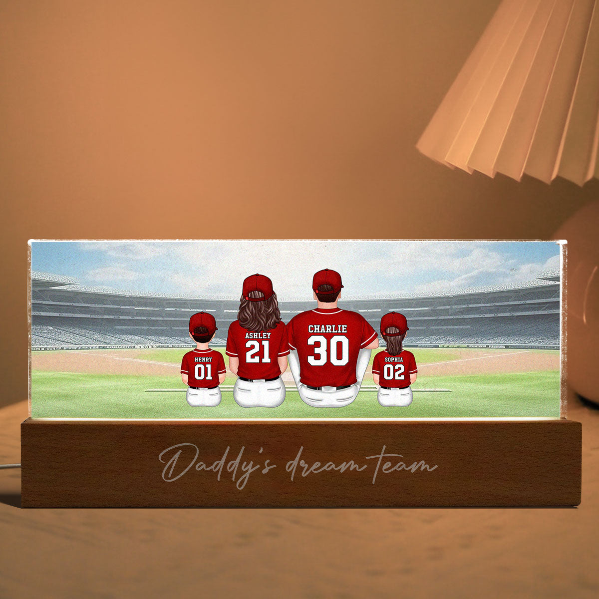 Mommy's Team Baseball Family Sitting Personalized Acrylic Block LED Night Light, Gift For Mom, Grandma, Wife