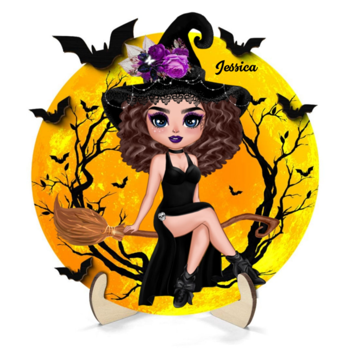 Halloween Witch Sitting On Broom Personalized 2-Layer Wooden Plaque, Halloween Decoration