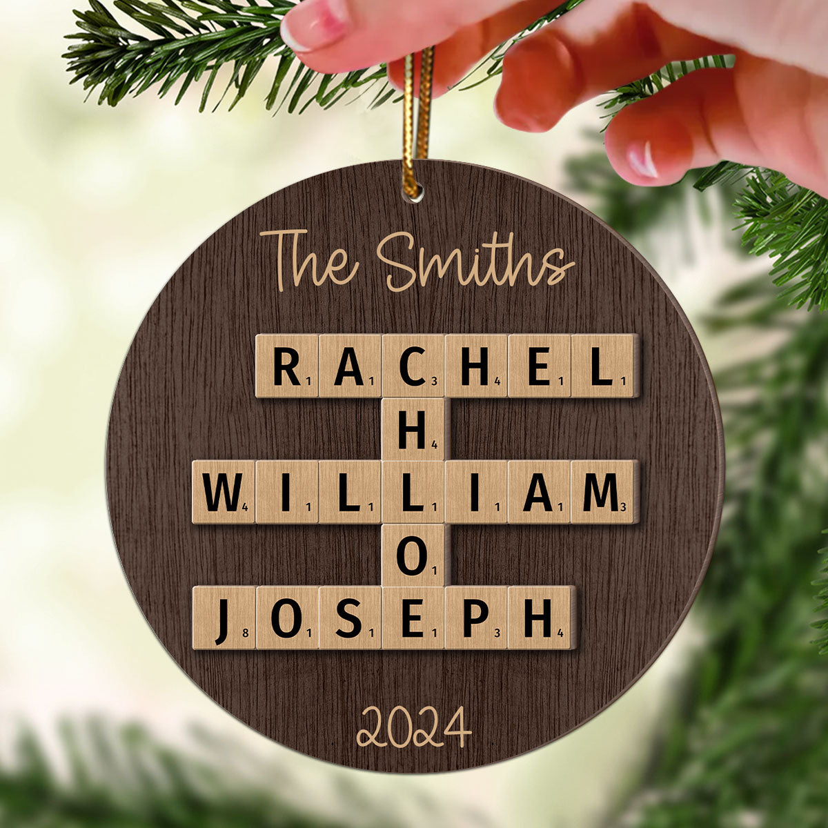 Rustic Family Names Crossword Puzzle Art Personalized 2-Layer Wooden Ornament, Christmas Gift For Family, For Parents, Grandparents, Siblings, Children