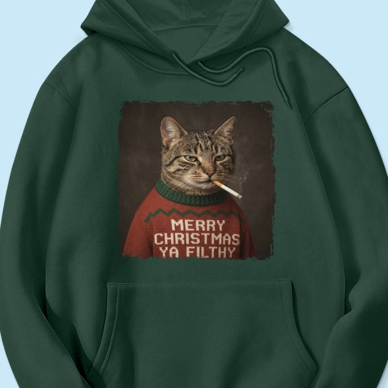 Funny Christmas Smoking Cat Upload Pet Photo - Personalized Shirt - Sarcastic Holiday Meme Tee, Cool Cat Lover Gift, Vintage Grunge Xmas Cat Gift, Ironic Pet Shirt