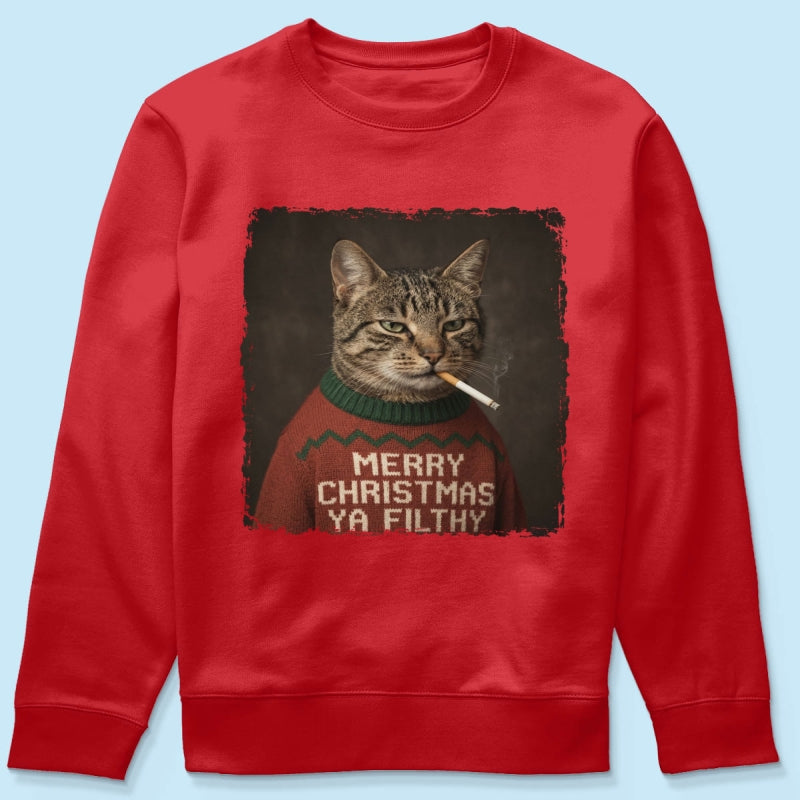 Funny Christmas Smoking Cat Upload Pet Photo - Personalized Shirt - Sarcastic Holiday Meme Tee, Cool Cat Lover Gift, Vintage Grunge Xmas Cat Gift, Ironic Pet Shirt