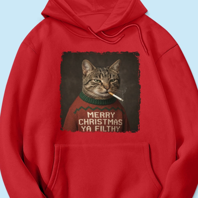 Funny Christmas Smoking Cat Upload Pet Photo - Personalized Shirt - Sarcastic Holiday Meme Tee, Cool Cat Lover Gift, Vintage Grunge Xmas Cat Gift, Ironic Pet Shirt