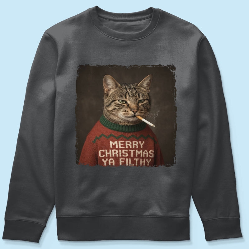 Funny Christmas Smoking Cat Upload Pet Photo - Personalized Shirt - Sarcastic Holiday Meme Tee, Cool Cat Lover Gift, Vintage Grunge Xmas Cat Gift, Ironic Pet Shirt