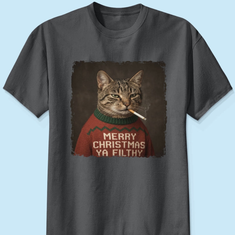 Funny Christmas Smoking Cat Upload Pet Photo - Personalized Shirt - Sarcastic Holiday Meme Tee, Cool Cat Lover Gift, Vintage Grunge Xmas Cat Gift, Ironic Pet Shirt