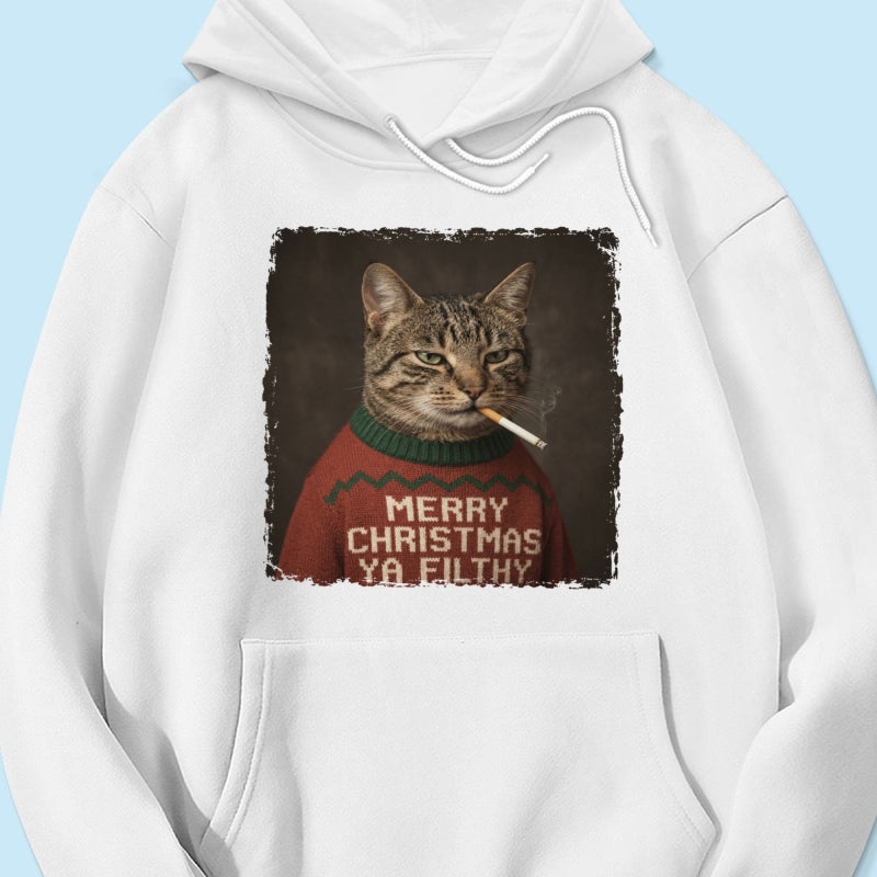 Funny Christmas Smoking Cat Upload Pet Photo - Personalized Shirt - Sarcastic Holiday Meme Tee, Cool Cat Lover Gift, Vintage Grunge Xmas Cat Gift, Ironic Pet Shirt