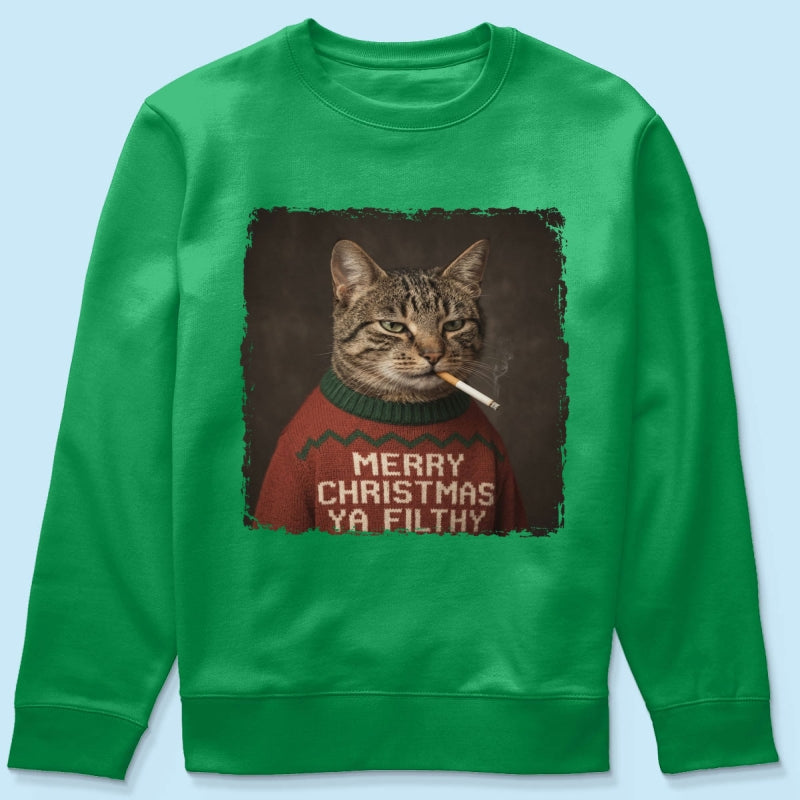 Funny Christmas Smoking Cat Upload Pet Photo - Personalized Shirt - Sarcastic Holiday Meme Tee, Cool Cat Lover Gift, Vintage Grunge Xmas Cat Gift, Ironic Pet Shirt